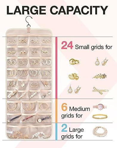 BAGSMART Hanging Jewelry Organizer Necklace/Earring/Ring 2-Sided L Beige - Image 3