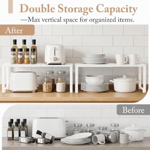 Extendable Metal Wire Shelf Organizer - Adjustable 15-24.4in Length, Stackable Storage Rack for Kitchen/Pantry/Bathroom/Shoe Cabinet/Tool Closet (1, White) - Image 3