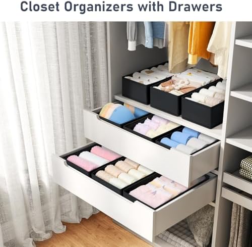 DIMJ Drawer Organizer Clothes - Underwear Organizer Sock Closet Organizers and Storage Box Dresser Organizer, Drawer Dividers for Baby Clothes, Bra, Socks, Belt, Tie, Set of 9, Black - Image 3
