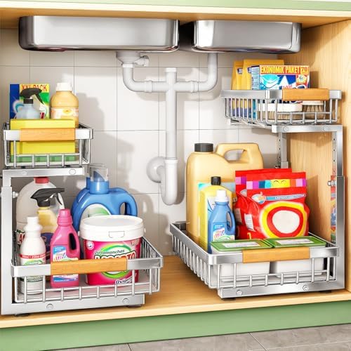 Kitstorack Under Sink Organizer, 2 Tier Under the Sink Storage, Slide out Pull out Cabinet Organizer Shelf, Metal Sliding Drawer for Kitchen Bathroom Pantry Closet Organization Rack, Silver, 1 Pack by Kitstorack