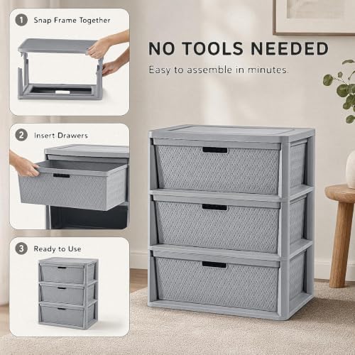 Wide 3-Drawer Plastic Storage Tower, Decorative Organizer Chest, Gray - Image 5