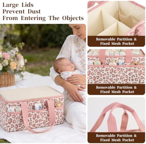 Baby Diaper Caddy Organizer with Portable Changing Mat-Portable Baby Organizers and Storage, Gift for Baby Shower, Corduroy Baby Essentials Organizer with Removable Dividers (Pink Leopard) - Image 6