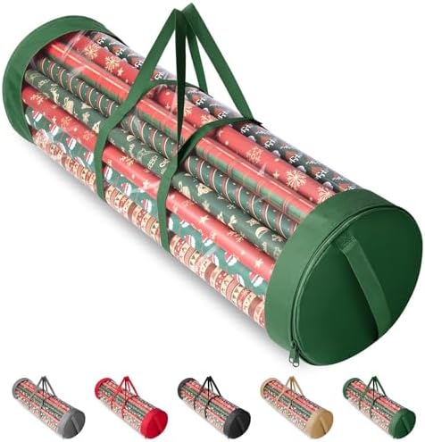 BALEINE Christmas Wrapping Paper Organizer Storage, 41" Gift Wrapping Paper Storage Containers, Clear PVC with Durable 600D Oxford Fabric Gift Wrap Paper Holder Fits 18-25 Rolls, Green by BALEINE