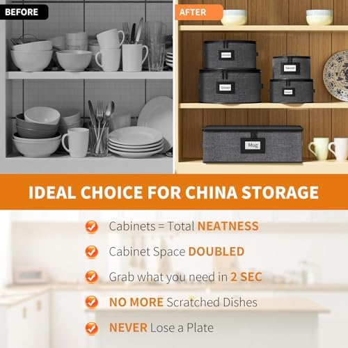 Aokeyee 5-Piece China Storage Containers Set, Hard Shell Moving Boxes for Dishes, Plates & Mugs – Dinnerware Organizer with Soft Felt Dividers, Sturdy Handles & Zippers, Grey - Image 4