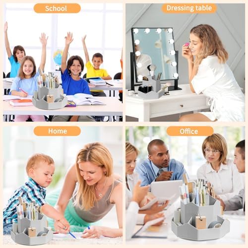 Cayxenful Pencil Pen Holder for Desk,9 Slots 360 Degree Rotating Desk Organizers,Desktop Storage Stationery Supplies Organizer, Cute Pencil Cup Pot For Office, School, Home(Grey) - Image 6