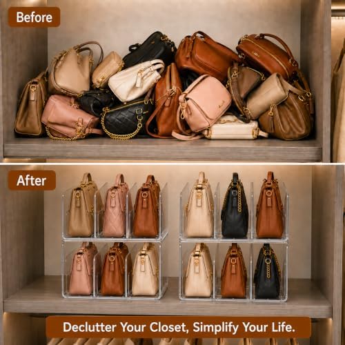 Glxgow 4 Pack Acrylic Purse Organizer for Closet, 12-Slot Clear Handbag Storage Compartments, No Assembly Shelf Divider for Wallets and Clutches - Image 5