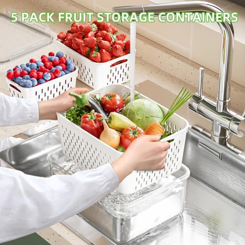 KEMETHY 5 Pack Fruit Storage Containers for Fridge with Removable Colanders - Food Storage Containers with Lids, BPA-Free Produce Containers Keep Fruits, Vegetables, Berry, Meat Fresh Longer - Image 2