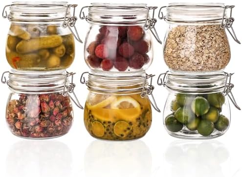 Liuruiyu 16oz - 6 Pack Round Glass Jars with Airtight Lid, Wide Mouth Mason Jars with Clamp Lids, Air Tight Glass Canisters, Food Storage Containers for Cereal, Pasta, Beans, Sugar, Coffee, Spice by Liuruiyu