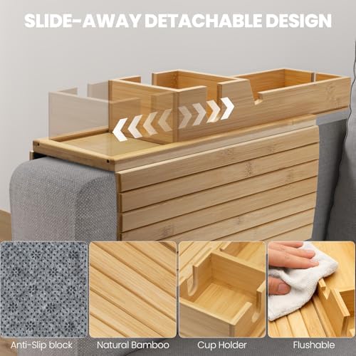 Bamboo Sofa Armrest Tray - Couch Arm Tray with Detachable Couch Cup Holder - 2 in 1 Anti-Slip Foldable Sofa Armchair Caddy Table - Cup Holder for Drinks Cellphone Snacks, Remote - Image 5