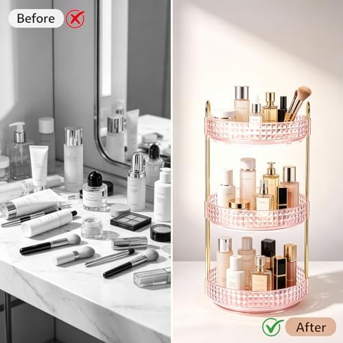 Fangoo 3 Tiers Pink Rotating Makeup Organizer for Vanity 360 Spinning Skincare Organizers for Dresser Perfume Organizer Large Skincare Make up Storage Cosmetic Organizer for Bathroom Countertop - Image 6