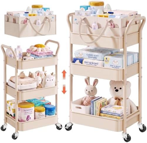 Beige 3 Tier Rolling Diaper Caddy Cart with Wheels and Detachable Dividers by Aofure