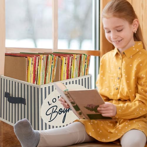 Boys Room Foldable Storage Bins Box with Handles, Long Live Boyhood Retro Blue Striped Collapsible Toys Books Clothes Organizer Basket for Kids Boys Nursery Room Playroom Bedroom Bathroom - Image 5