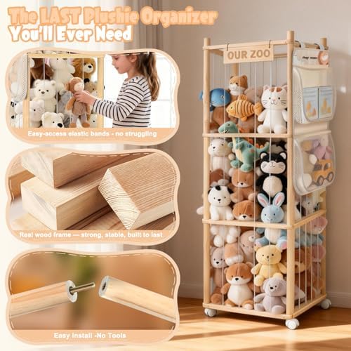 Large Stuffed Animal Storage, Wood Stuffed Animal Zoo with Brake Wheels and Hanging Storage Net, Space Save Toy Organizer, Large Capacity Stuffed Animal Holder, Perfect for Nursery Playroom Kidroom - Image 2