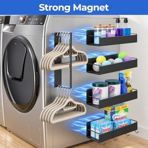 Vetacsion 4 Pack Magnetic Laundry Organizer, Heavy Duty Magnetic Shelf For Washer And Dryer, White, Iron (5‑Pack Magnetic Shelves with Hanger & Hooks) - Image 2