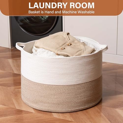 Foldable Laundry Hamper Basket with Collapsible Handle Cotton Rope Soft Woven Fabric Storage Organizer Clothes Toys Nursery Bedroom Dorm Space Saving Bin (White & Brown, 65L(19.7"D x 12.6"H)) - Image 2