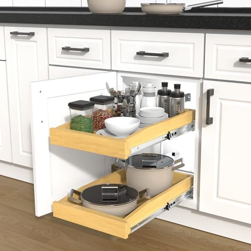 2 Tier Pull Out Cabinet Organizer, 20"W x 21"D Solid Wood Heavy-Duty Base Bottom Assembly Slide out Drawer Shel Cabinet Organization for Kitchen, Pantry, Bathroom - Image 5