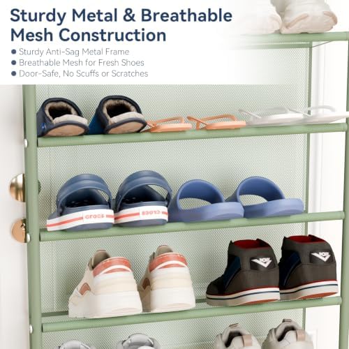 Whitmor 36 Pair Over the Door Shoe Rack,12 Tier Hanging Shoe Organizer with Metal Frame & Mesh shelves, Heavy Duty Shoe Storage Holder for Door,No Drill Installation, 74" H x 21.7" W x 7.5" D, Green - Image 5
