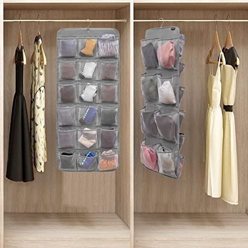 Dual-Sided Hanging Closet Organizer for Socks Underwear Bra Kids Storage Organizer for Baby Clothes Toddler Shoes with 26 Pockets (Grey-Mesh Pockets) - Image 2