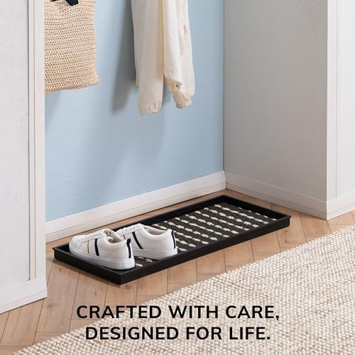 Anji Mountain Heavy Duty Waterproof Rubber Shoe Storage Mat Organizer/Boot Storage Tray Multi Use for Entryway with Coir, Gray and Ivory Insert, Fits 3 Pair (34.5" Wide) - Image 5