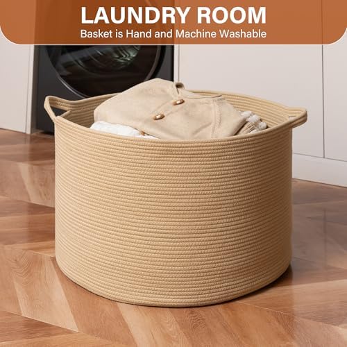 Foldable Laundry Hamper Basket with Collapsible Handle Cotton Rope Soft Woven Fabric Storage Organizer Clothes Toys Nursery Bedroom Dorm Space Saving Bin (Camel, 80L(21.7"D x 13.8"H)) - Image 2