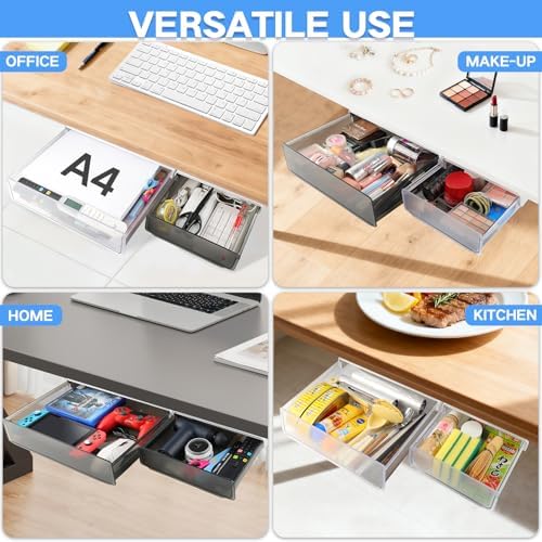 OSPNIEEK Self-adhesive Under Desk Drawer Organizer, 2 Pack Table Hidden Slide Out Large Storage Mounted Desktop Pencil Holder Tray Drawers for Office Home School Stationery Kitchen (XL+L, Black) - Image 3