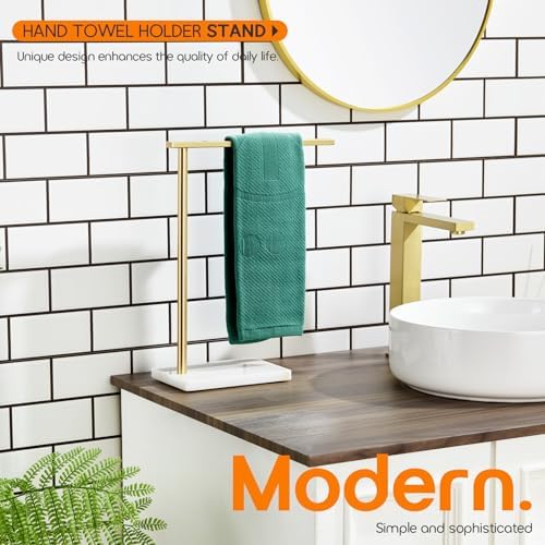 Hand Towel Bar for Bathroom Vanity Countertop 1-Tier Towel Holder Free Stand with Heavy Marble Base Thicken Steady, Gold Stainless Steel AN7002GD - Image 4