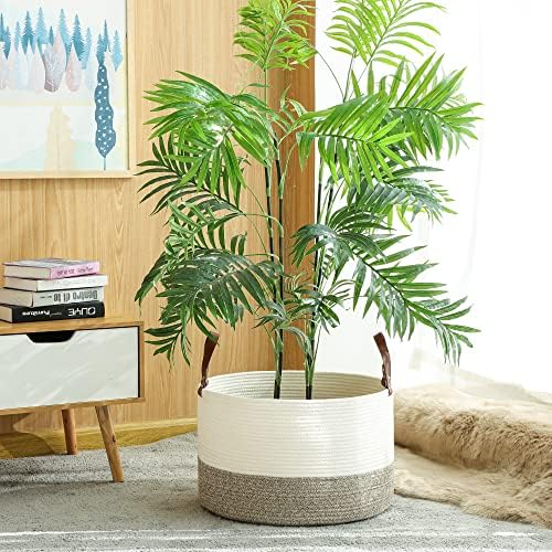 KAKAMAY Large Blanket Basket (20"x13"),Woven Baskets for storage Baby Laundry Hamper,Cotton Rope Blanket Basket for Living Room, Laundry, Nursery, Pillows, Baby Toy chest (White/Beige) - Image 5