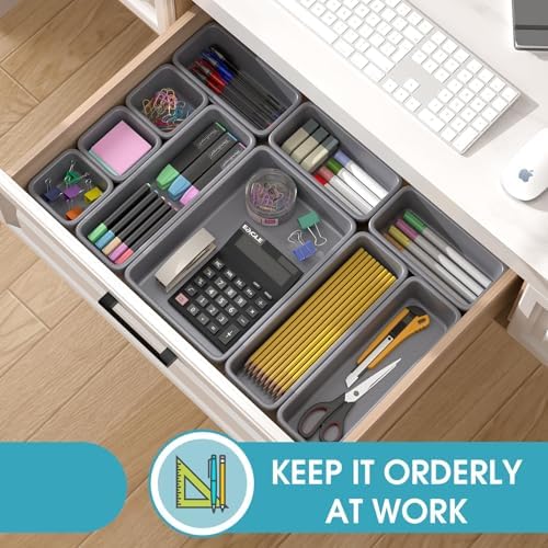 16 PCS Drawer Organizer Set, 4 Size Makeup Drawer Divider Organizer With Non-Slip Pads, Interlocking Plastic Storage Bins for Office,Jewelry Vanity,Gadgets, Bathroom,Kitchen, Grey - Image 4