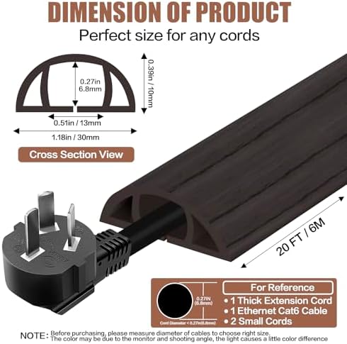 Floor Cord Cover Self Adhesive Cord Hider,20FT Cable Management, Extension Strip Protector for Wires, Prevent Cable Trips for Offices, Gyms, Exhibitions Cavity:0.39"(W) x 0.27"(H) Black Wood - Image 2