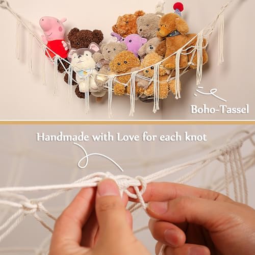 YKBU Stuffed Animals Hammock Corner Hanging Net Macrame Stuffed Animal Storage Plush Toy Holder Toy Organizer for Boho Nursery Playroom Bedroom Kids Room (cream, Large) - Image 6