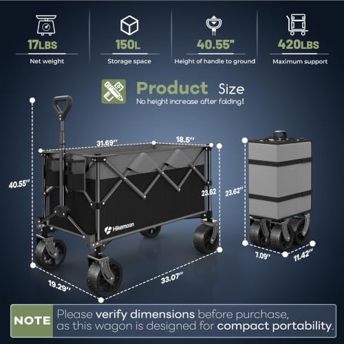 HIKEMOON 150L Collapsible Wagon Compact, Big Wheels, 420LBS Grey & Black - Image 3