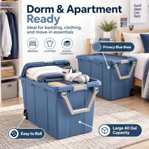 2-Pack 40 Gal Wheeled Storage Bins, Latching Lid & Pull Handle, Blue - Image 4