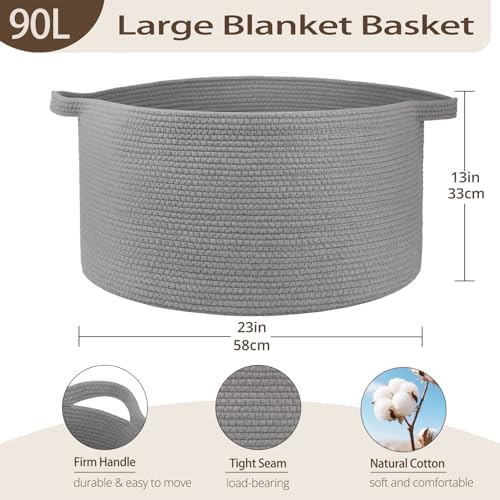 OIAHOMY 90L Extra Large Blanket Basket - Decorative Cotton Rope Storage Basket for Bedroom, Living Room & Nursery - Woven Laundry Hamper for Organizing Blankets, Clothes & Toys - Light Grey - Image 2