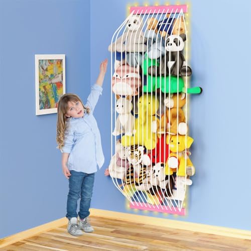 Stuffed Animal Storage Wood Soft Toy Storage for Kids Room，Wall Mount Door Hanging Stuffed Animal Toy Organizer Shelf for Nursery Play Room White with LED Coil -Patent by VOMELON