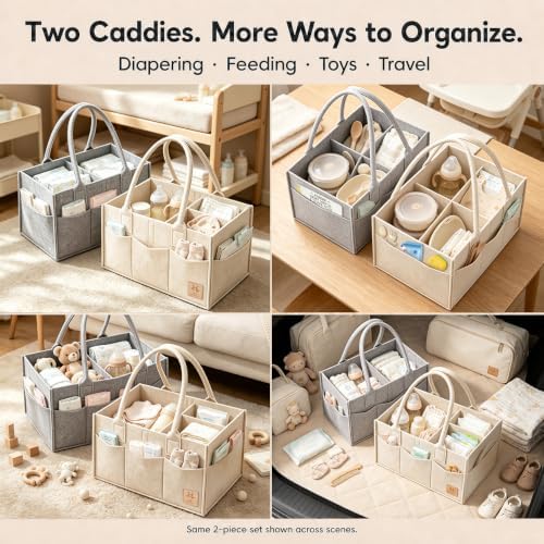 HIPHOP PANDA 2-Pack Diaper Caddy Organizer - Nursery Storage Bin & Car Organizer for Diapers, Wipes, and Baby Essentials - Dual-Color Solid Set (Grey/Oatmeal), Large Size - Image 7