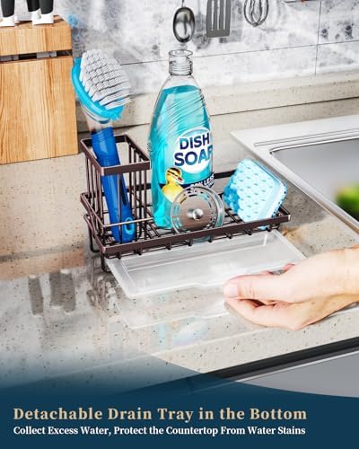 Consumest Sink Caddy Kitchen Organizer, Sponge Holder for Kitchen Sink with Removable Drip Tray for Countertop Dish Soap Holder Dispenser Brush Holder, 304 Stainless Steel - Bronze - Image 4
