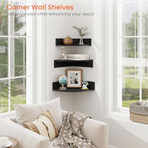 Homode Corner Floating Shelves, Set of 3 Corner Shelves Wall Mounted with Cable Hole, 3 Tier Wooden Hanging Corner Storage Shelf for Bedroom, Living Room, Kitchen, Black - Image 4