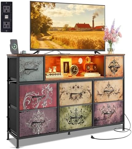 WLIVE LED Dresser TV Stand for 55 Inch TV, 8 Fabric Drawers, Vintage by WLIVE
