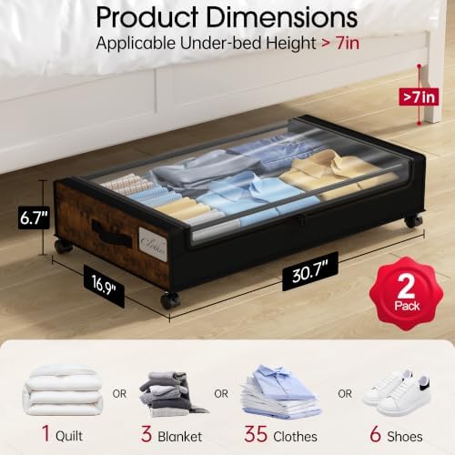 Yecaye Under Bed Storage with Wheels, 2Pack Under Bed Storage Containers, Underbed Shoe Storage Organizer, Rolling Under Bed Metal Drawers for Clothes, Blankets, Brown - Image 2