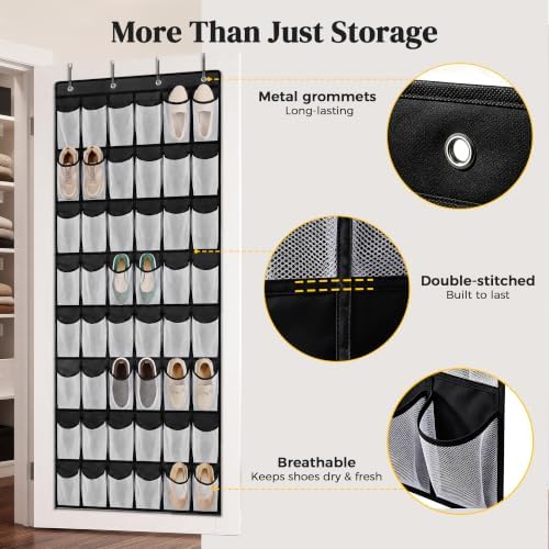 48 Pockets Over the Door Shoe Organizer, 1 Pack, 6-Column Heavy Duty Shoe Storage for Sneakers and Heels, Color Block Mesh Hanging Rack for Entryway or Bedroom, Black with White Accents - Image 6