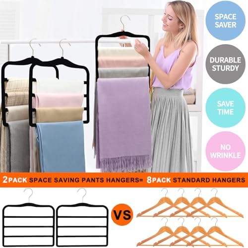 2-Pack Velvet Pants Hangers - Space Saving Multi-Layer Non-Slip Closet Organizers for Jeans, Trousers & Scarves - Ideal Dorm Room Storage Solution for Small Spaces - Image 4
