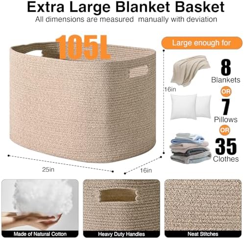 ICERZCZ Large Storage Basket for Organizing, Blanket Basket for Living Room, Large Toy Baskets for Storage, Woven Cotton Rope Baskets for Blankets, Clothes, Shoes, Brown, 25”x16”x16” (105L) - Image 2