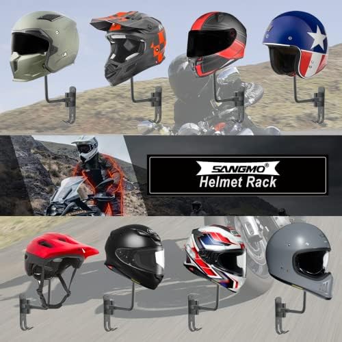 SANGMO Grey 180° Motorcycle Helmet Rack, Rotation Metal Helmet Holder Wall Mount, Helmet Holder Bike with 2 Hooks Helmet Hanger for Motorcycle Bike Coats, Caps, Baseballs, Rugby Helmet - Image 3
