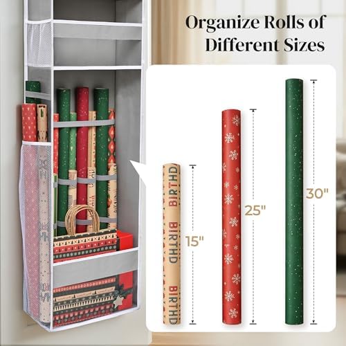 Ordovibe Wrapping Paper Storage Organizer – Over The Door Hanging Gift Wrap Holder for 15-30" Rolls, Space Saving Closet Organizer for Christmas, Halloween, Birthday with Side Mesh Pockets Gray - Image 5