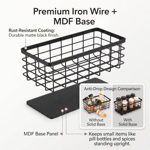 Small Metal Wire Storage Basket with Wood Base (Black+Black, 4 Pack) - Image 4