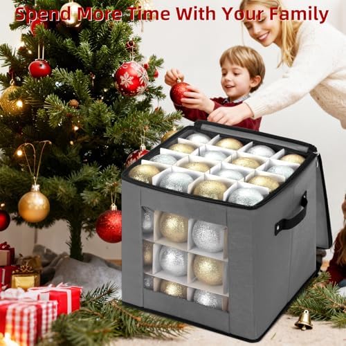 inin Christmas Ornament Storage Box with Adjustable Dividers,Christmas Ornaments Organizer with Zippered Top,Storage Container Bin for Holiday Decorations(64 Ball, Gray, Without Tray) - Image 4