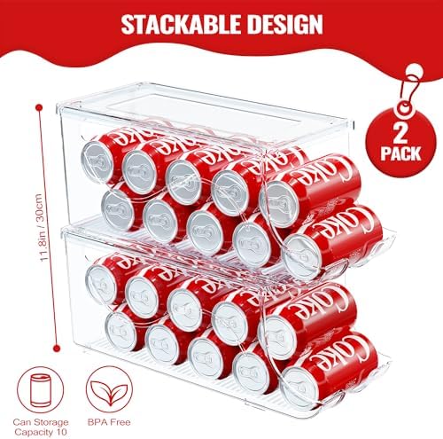 SCAVATA 2 Pack Stackable Refrigerator Organizer, Soda Can Dispenser Pop Cans Container Beverage Holder with Lid for Fridge, Freezer, Kitchen, Clear Plastic Storage Bins-Holds 10 Cans Each - Image 2