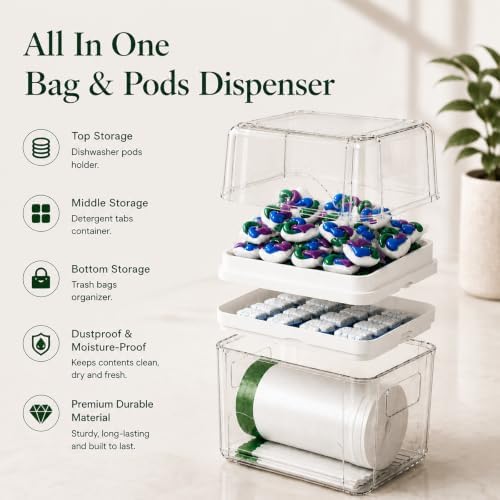 Trash Bag Holder & Dishwasher Pod Dispenser with 2 Bamboo Lid Storage Containers, Clear Acrylic Under Sink Organizer for Garbage Bags, Laundry Detergent Pods & Tabs, Kitchen Pantry Laundry Room - Image 3