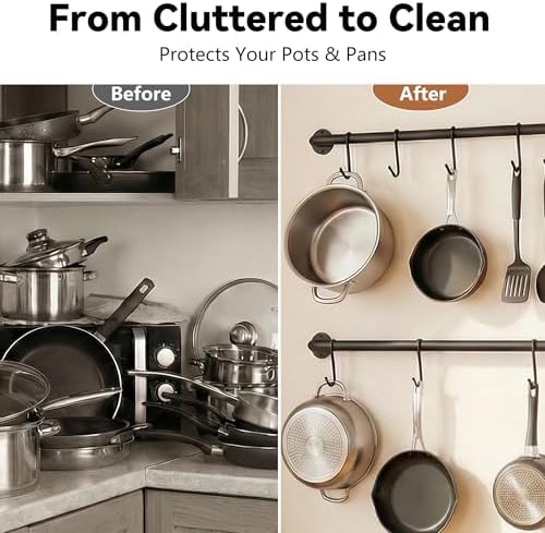 Black Steel-made Kitchen Utensil Rack Organizer Wall-mounted Pot Pan Wall Hanger Holder For Hanging Rail with 10 S Hooks - Image 3