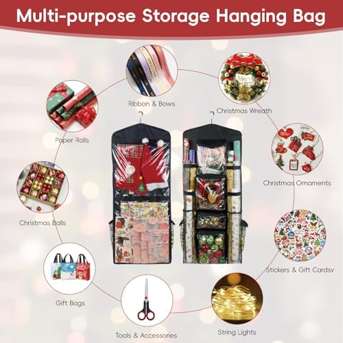 Wrapping Paper Organizer, Double-Sided Hanging, Over Door Gift Wrap Storage with Multiple Pockets, Side Pockets, Elastic Straps, Organize Ribbons, Bows, Tools, Space-Saving Closet,Cabinet Design,Black - Image 3